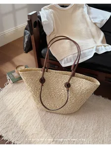 Sac cabas en paille vintage pour femme, grand sac d'épaule tissé de plage, style décontracté.