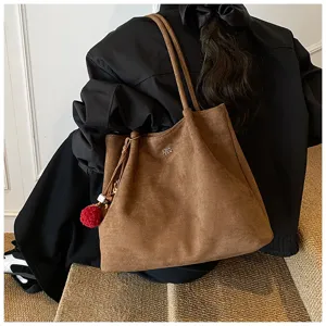Large capacity brown suede tote bag, stylish retro women shoulder bag for daily commuting wear.