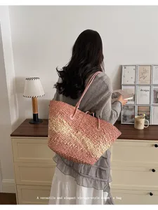 Sac cabas tissé en paille vintage, grand sac à main décontracté pour vacances et quotidien.