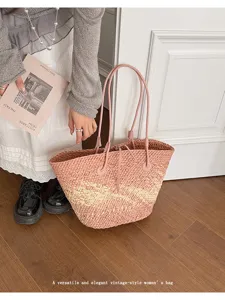 Sac cabas epaule en paille grande capacite de style vintage decontracte pour plage.