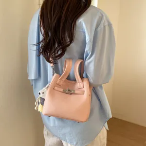 Pink leather shoulder bag stylish top handle tote bag casual crossbody bag for women