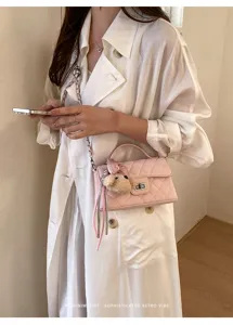 Chic pink quilted women shoulder bag elegant chain crossbody handbag with cute bear charm