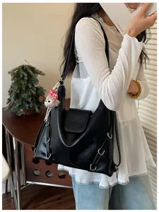 Borsa a tracolla e zaino vintage nera di grande capacità stile coreano versatile per ogni giorno