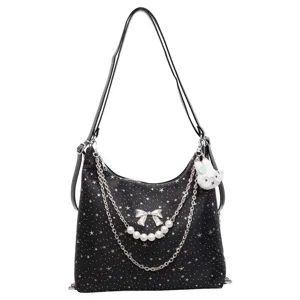 Borsa a tracolla hobo nera fantasia stelle con catena argento perla fiocco coniglio.