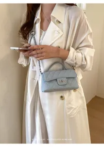 Light blue quilted crossbody bag women classy chic chain shoulder bag retro flap purse