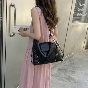 Borsa vintage grande capacità stile coreano da donna, borsa tote monocolore minimalista.