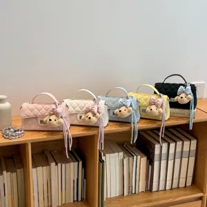 Women Fashion Quilted Chain Shoulder Bag PU Leather Elegant Crossbody Handbag With Cute Bear Pendant Top Handle Purse
