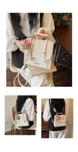 Stylish houndstooth spliced PU leather women backpack retro casual shoulder bag with cute bear charm