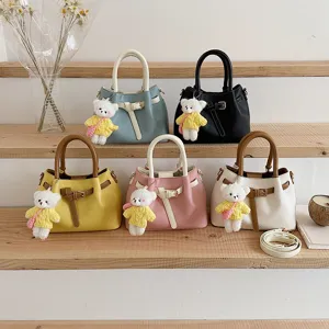 Korean Style Contrast Color PU Leather Crossbody Bag Women Fashion Handbag Bucket Bag Casual Shoulder Bag With Pendant
