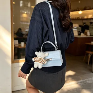 Light blue structured crossbody bag for women with cute bear pendant retro mini square shoulder bag