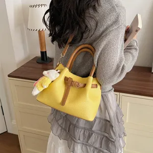 Korean style contrast color leather bucket bag with handle and shoulder strap for women main