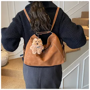 Women vintage brown tote backpack casual large capacity shoulder bag with plush keychain