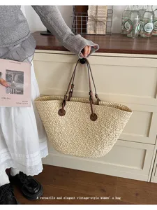 Sac cabas en paille vintage pour femme, grand sac épaule tissé pour vacances de plage.