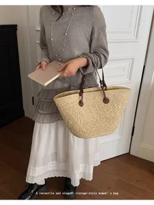 Sac cabas en paille vintage grande capacité sac à épaule pour femme plage vacances.