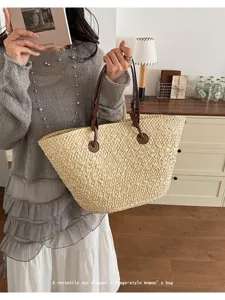 Grand sac cabas en paille, sac épaule rétro décontracté pour vacances plage et usage quotidien.