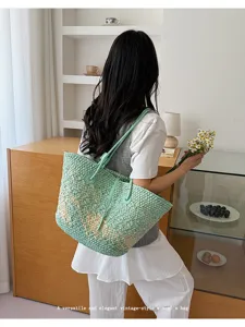 Sac cabas tissé vintage, grand sac à main en paille décontracté pour les vacances.