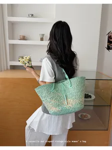 Sac a main de plage d'ete fourre-tout de paille tressee vintage grande capacite decontracte