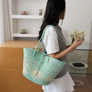 Grand sac cabas en paille rétro, élégant sac à main tissé décontracté plage et voyage.