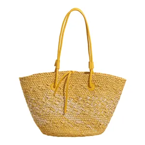 Sac cabas en paille jaune pour femmes, grand sac de plage fourre-tout avec anses en cuir.