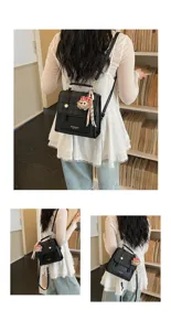 Korean style patchwork color block backpack for women, retro detail view of casual bag.