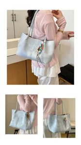 Korean minimalist shoulder tote bag, large capacity casual daily bag with cute beaded pendant.