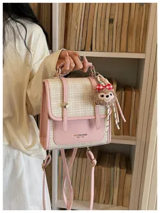 Korean style contrast color plaid backpack with cute plush bear pendant for women daily use