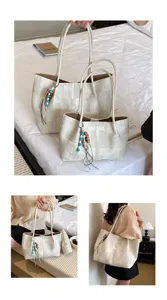 Korean style minimalist shoulder tote bag, casual large capacity handbag with chic bead pendant details.