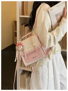 Stylish pink plaid backpack women retro commuter shoulder bag with cute bear charm