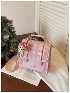 Pink plaid spliced women backpack stylish commuter shoulder bag casual daily satchel handbag