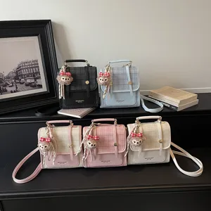 Korean Style Spliced Contrast Color Women Backpack PU Leather Casual Commuting Crossbody Bag Cute Pendant Fashion Daypack