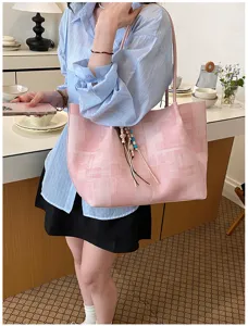 Korean style minimalist pink tote shoulder bag for women, elegant daily casual large capacity.