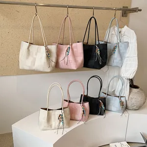 Korean Style Minimalist Synthetic Leather Tote Bag Large Capacity Casual Shoulder Bag With Beaded Pendant Women Handbag