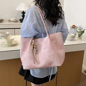 Korean style pink minimalist shoulder tote bag for women, casual large capacity daily bag view