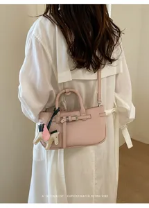 Women litchi pattern leather handbag retro shoulder crossbody bag with cute horse charm