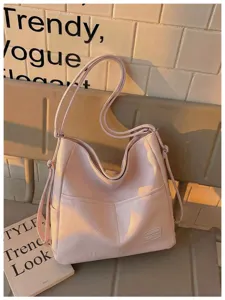 Pink faux leather hobo tote bag, large capacity casual shoulder bag with multiple pockets.