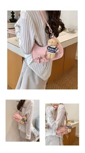 Women pink shoulder bag vintage commuting daily handbag with cute bear pendant and bow.