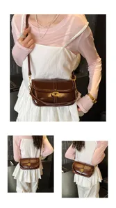 Sac bandoulière vintage en cuir marron pour femmes, sacoche chic croisée avec fermoir métallique.