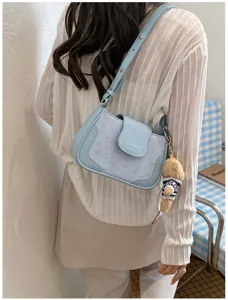 Blue underarm shoulder bag for women star print stylish casual crossbody bag with bear pendant