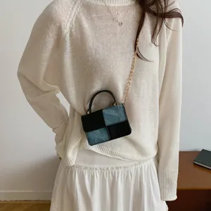 Chic patchwork crossbody shoulder bag for women, stylish denim and PU leather handbag with chain.