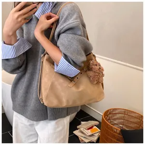 Women fashion casual retro tote bag large capacity single shoulder messenger bag with bear charm