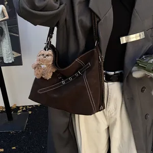 Chic vintage dark brown slouchy tote bag for women, stylish shoulder crossbody bag with plush.
