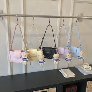 Women Fashion Casual Shoulder Bag PU Leather Star Embossed Underarm Crossbody Bag With Bear Pendant Urban Minimalist Handbag