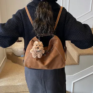 Fashion vintage casual brown leather backpack tote bag with cute puppy plush charm for women