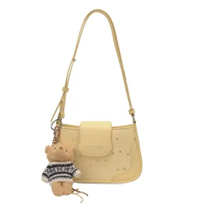 Fashion women yellow leather underarm shoulder bag with cute bear pendant casual crossbody