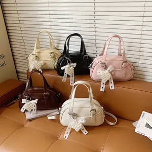 Women's Niche Bowling Handbag PU Leather Casual Crossbody Shoulder Bag With Pearl Lace Pendant Commute Small Square Bag