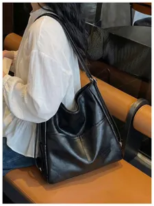 Women's Black PU Leather Shoulder Tote Bag Casual Large Capacity Hobo Bag Retro Handbag