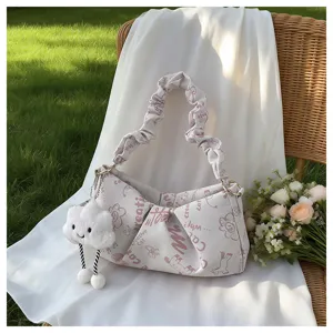 Borsa a mano bianca plissettata con stampe rosa e ciondolo in peluche a nuvola, borsa casual.