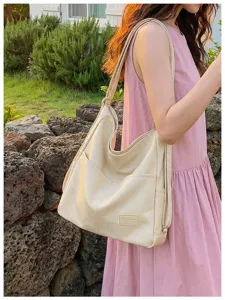 Women vintage slouchy tote bag casual large capacity shoulder bag beige PU leather handbag daily use