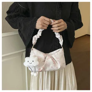 Elegante borsa a tracolla rosa stampata arricciata con ciondolo nuvola in peluche, borsa chic.