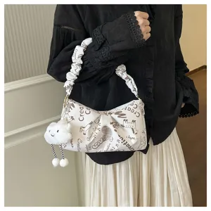 Elegante borsa a mano bianca con graffiti e ciondolo a nuvola, borsa tote plissettata casual da donna.